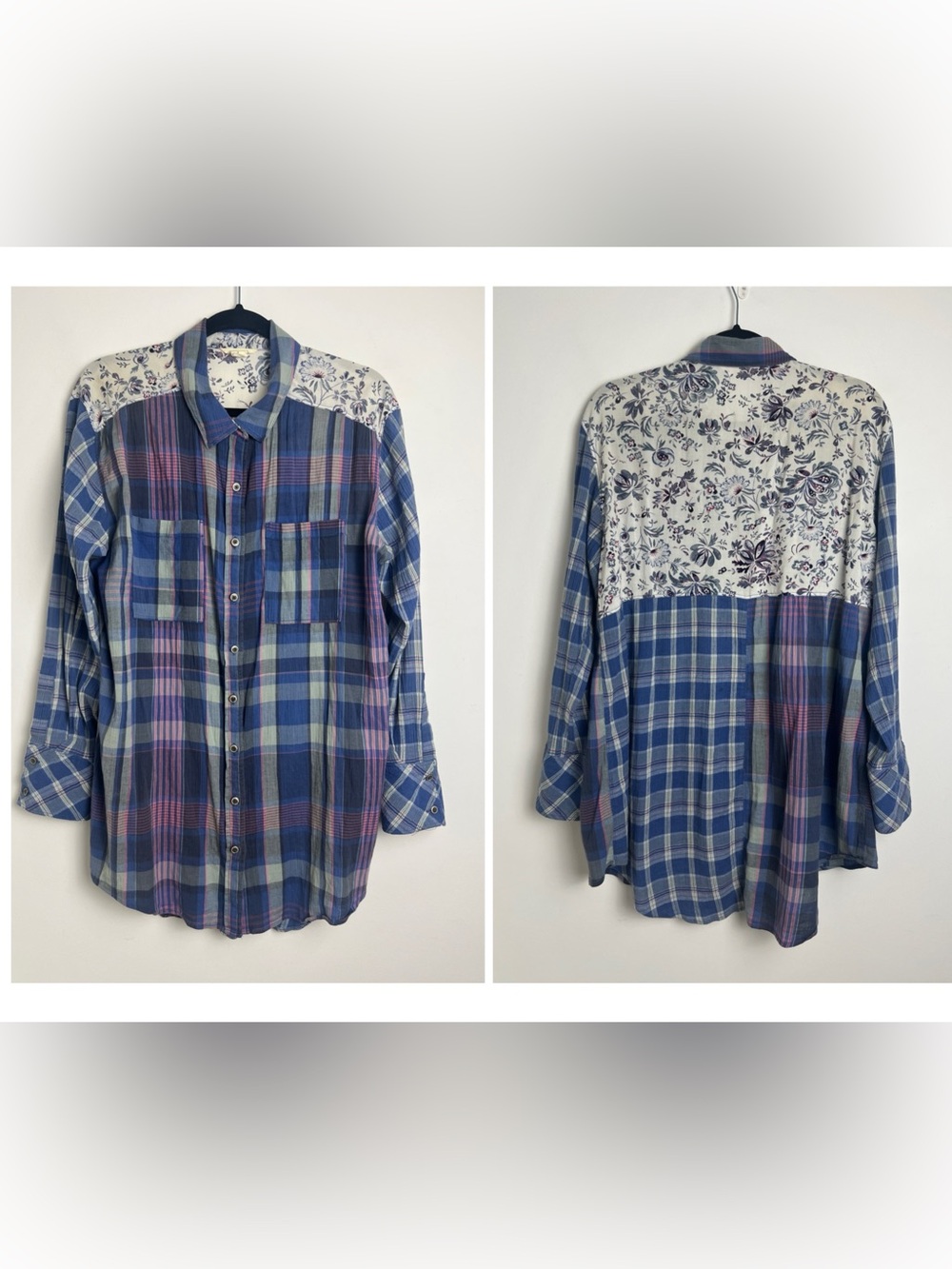 Caslon Medium‎ Blue Plaid Paisley Panels Longline Button Down Blouse Top Western